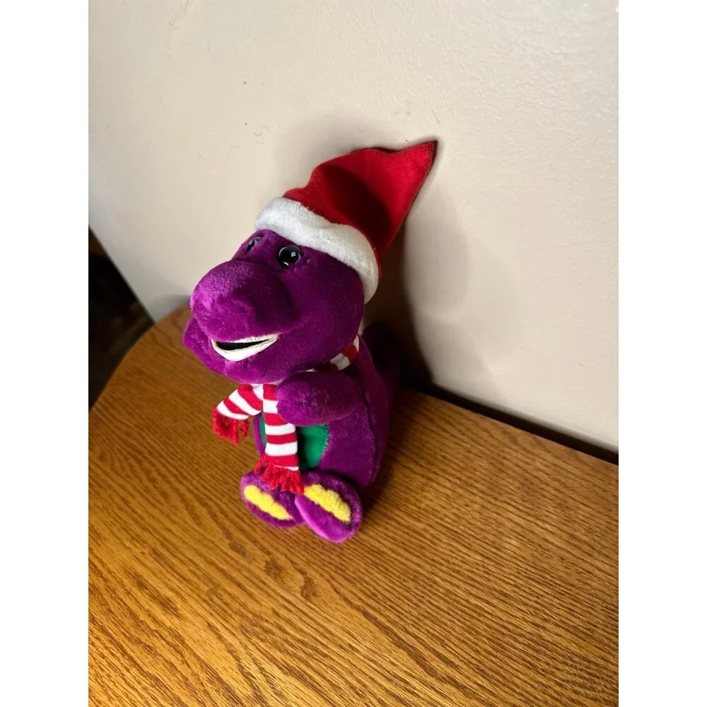 Vintage 1992 Barney Dinosaur Stuffed Animal Plush Christmas Santa Hat Scarf